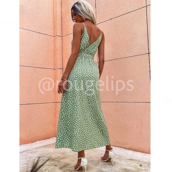 Green Spotted Print Long Dress V-Neck Tie Belt Cami - Picture 4 of 11